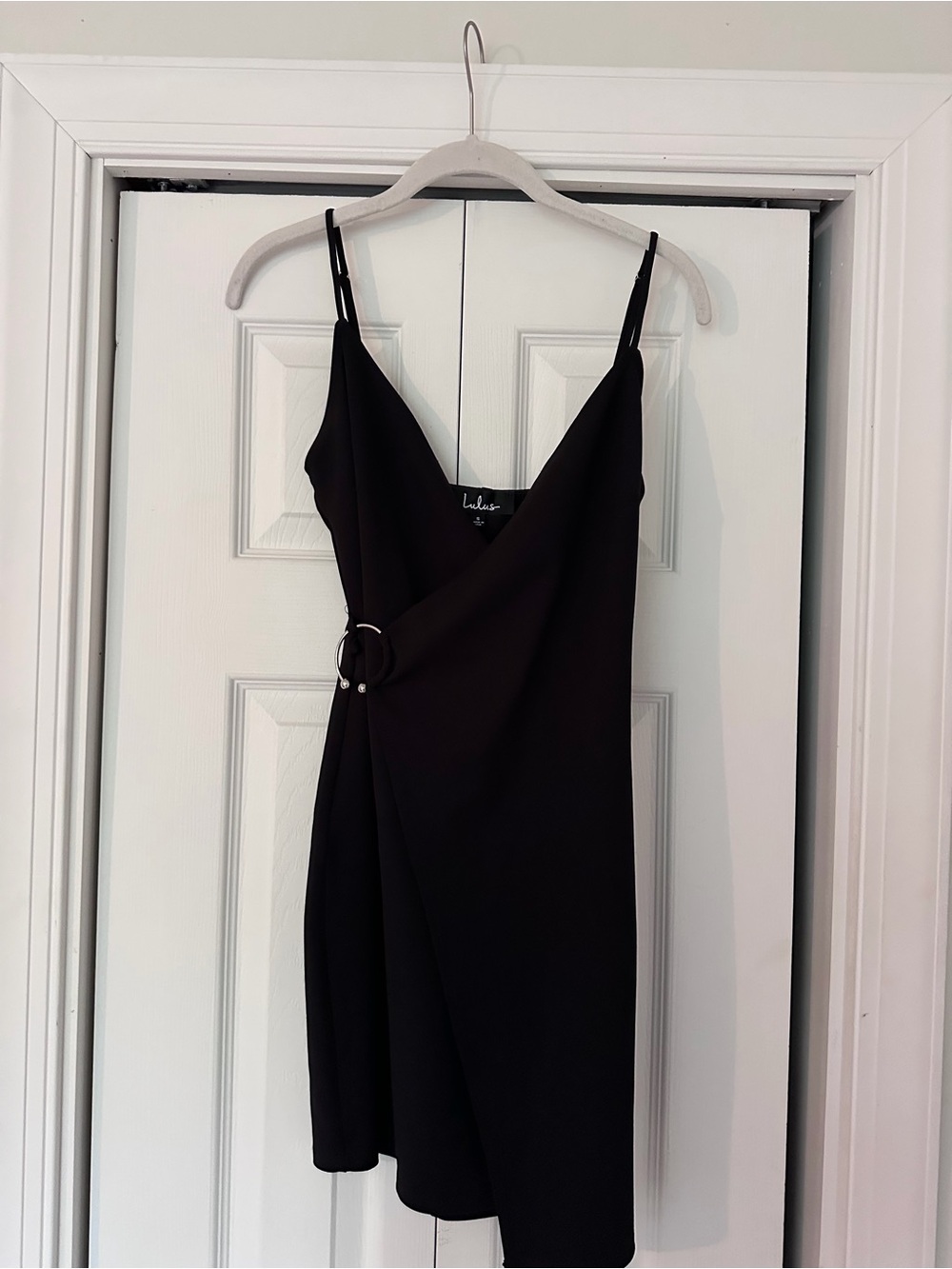 Lulu's Black Ring-Accent Wrap Slip Mini Dress